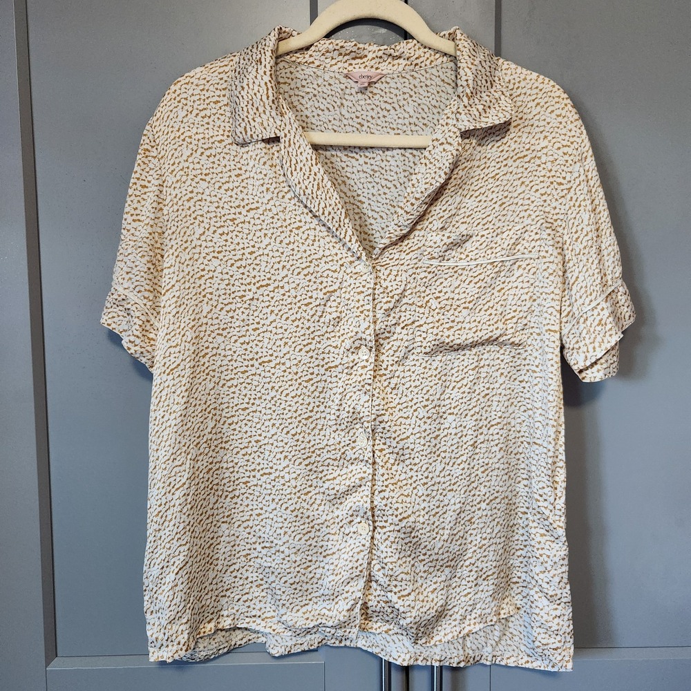 Eberjey 100% Silk Short Sleeve Pajama Top Women's S Small Button Up Leopard